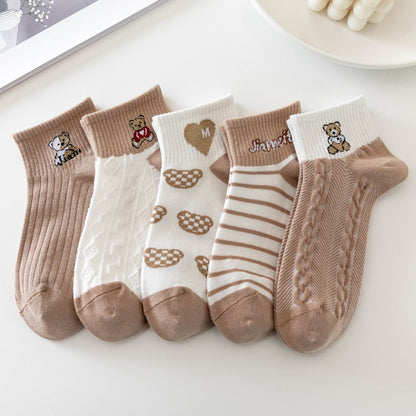 5 Pairs Socks Sets Women Elegant Retro Polyester Cotton Low Tube Women Socks Breathable Japanese Style Casual Cotton Short Sock🍀