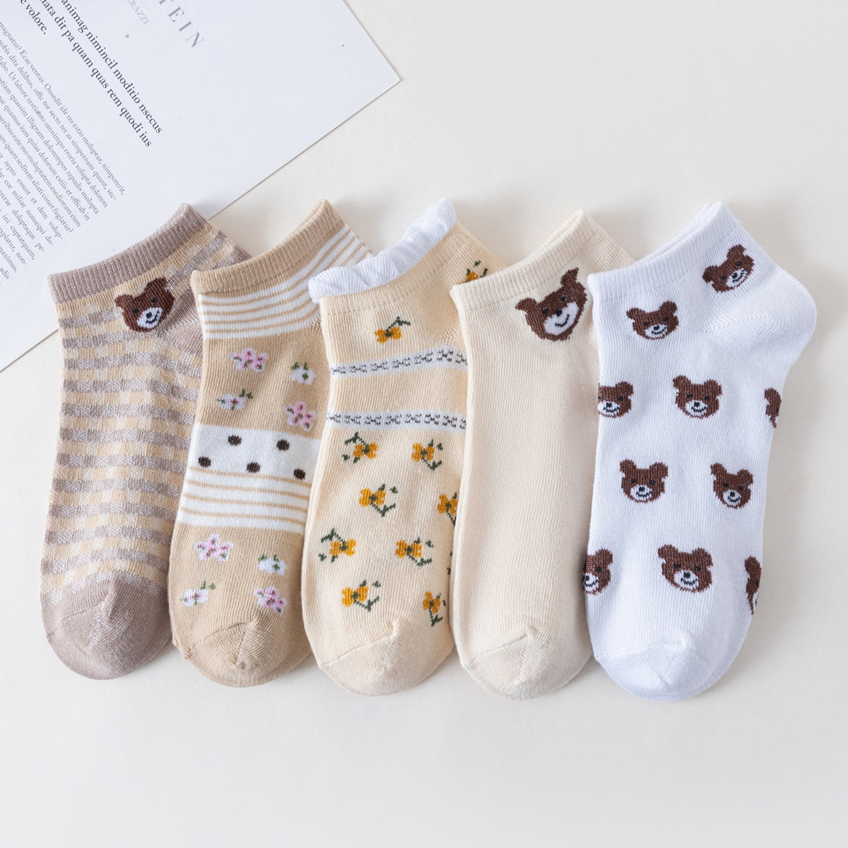 5 Pairs Socks Sets Women Elegant Retro Polyester Cotton Low Tube Women Socks Breathable Japanese Style Casual Cotton Short Sock🍀 🍀