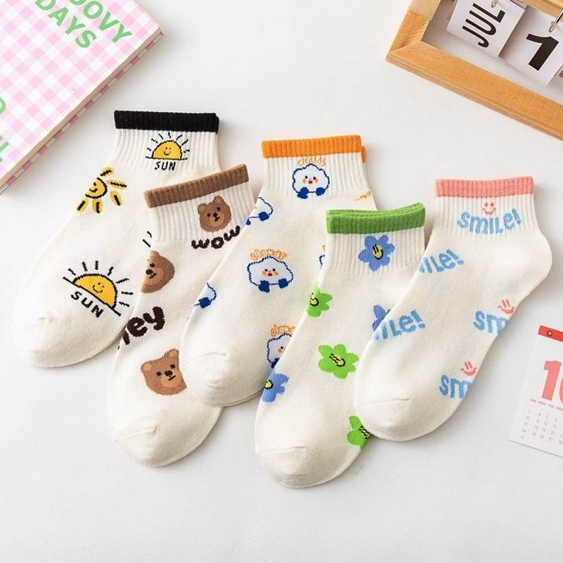 5 Pairs Socks Sets Women Elegant Retro Polyester Cotton Low Tube Women Socks Breathable Japanese Style Casual Cotton Short Sock🍀