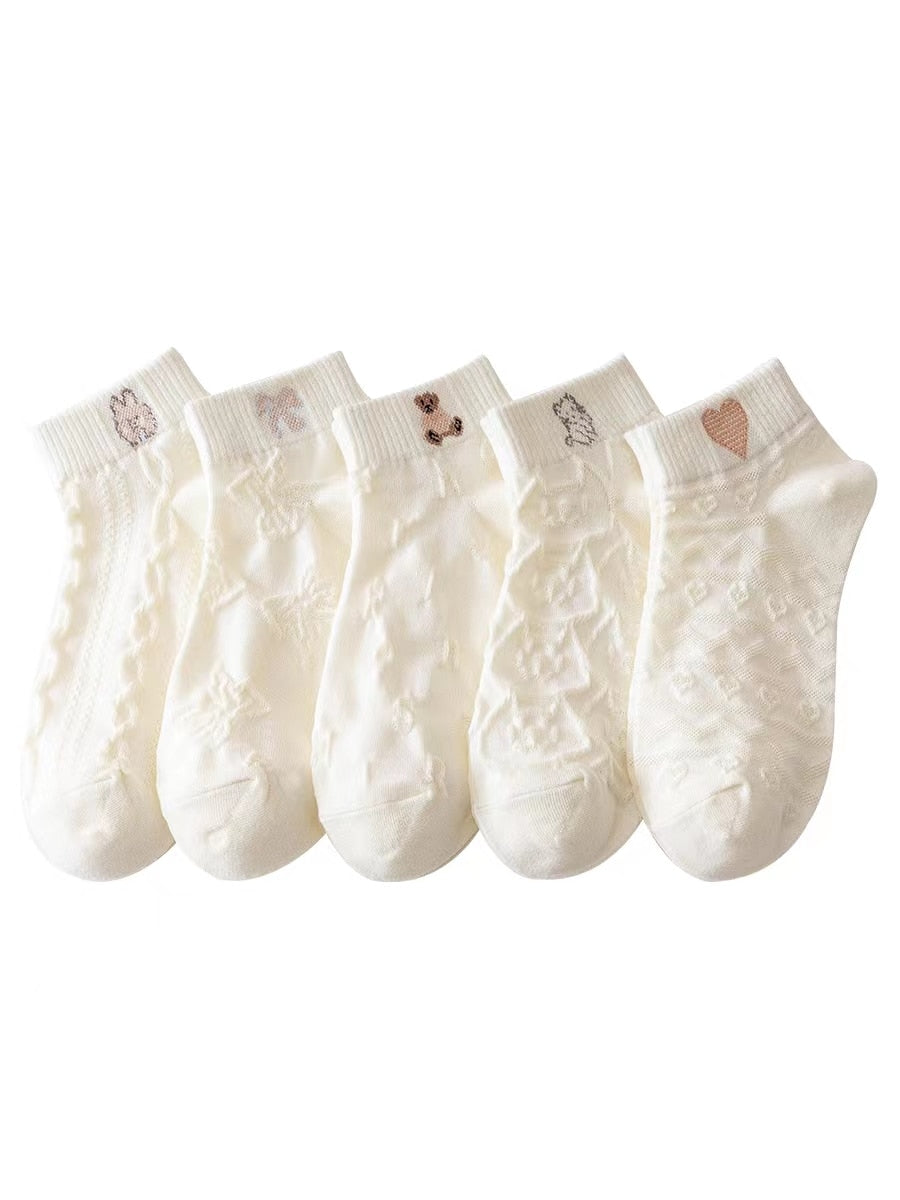 5 Pairs Socks Sets Women Elegant Retro Polyester Cotton Low Tube Women Socks Breathable Japanese Style Casual Cotton Short Sock🍀